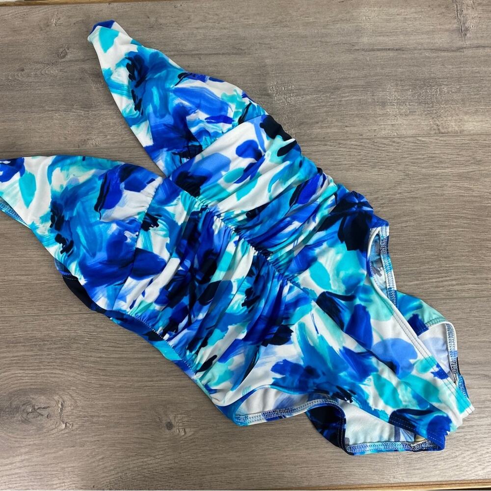 Miraclesuit Blue Watercolor Ruched One Piece Swimsuit Sz.10